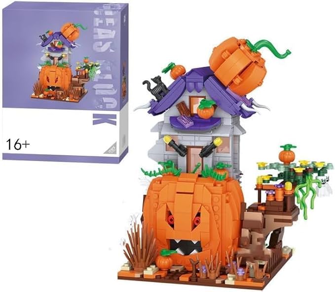 Street View Halloween Pumpkin House Bricks Model Set, 762Pcs DIY Building Block Assembly Mini Particle Construction Toy