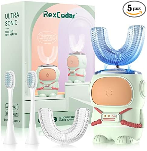 Ultrasonic Kid's U-Shaped Electric Toothbrush, IPX7 Waterproof, Five Cleaning Modes, 60S Smart Reminder (Cartoon Astronaut,Green Ages 6-12)