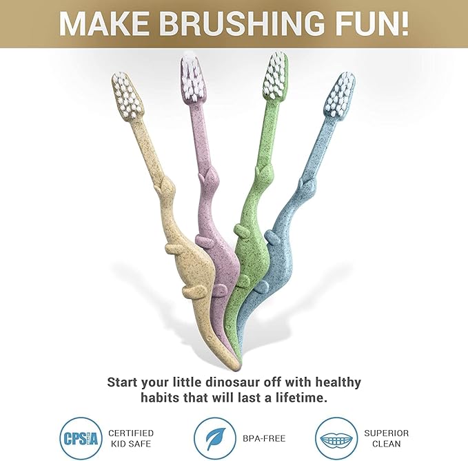 ROARex® All-Natural Eco Friendly Kids Toothbrush Made from Plants - Dinosaurs 4-36m - Baby to Toddler - Blue/Green - 4pk | 1% for The Planet Product