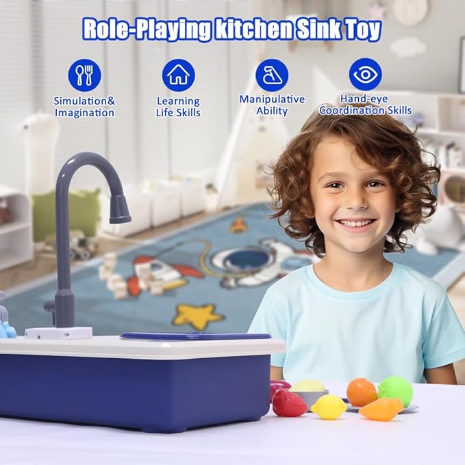 Play Kitchen Sink Toys with Running Water, Toddler Electric Dishwasher Playing Toy with Cutting Foods, 33 PCS Pretend Role Play Accessories Set, Learning Gift for Girls Boys (Blue)