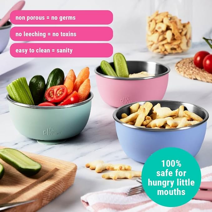 Elk and Friends Stainless Steel Bowls with Silicone Sleeve for Babies & Toddlers | Lids Included | Stay Put Suction | Cereal & Snack Bowls | 4 Pack
