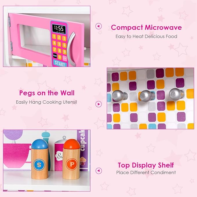 FFlyer Kids Kitchen Playset, Wooden Pretend Cooking Playset w/Cookware Accessories, Removable Sink, Microwave, Display Shelf, Toddler Pretend Play Kitchen Toy, Best Gift for Girl, Pink