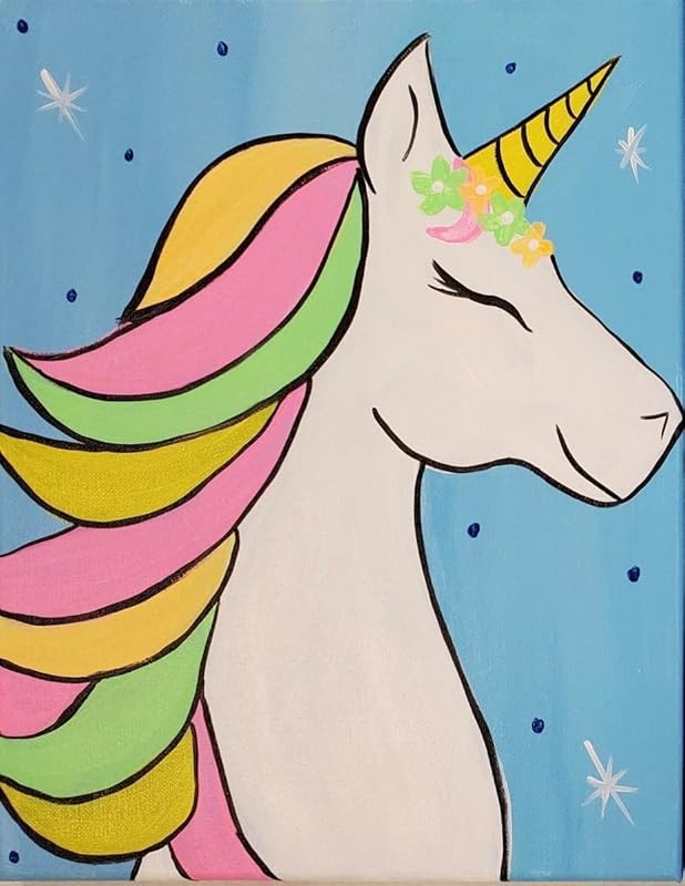 Paint Your Own Pre-Drawn Canvas Kit for Kids, Unicorn Theme, DIY Paint Party Kit - Paint Brush & Color Mixing Chart - Handmade & Stenciled (8" x 10")
