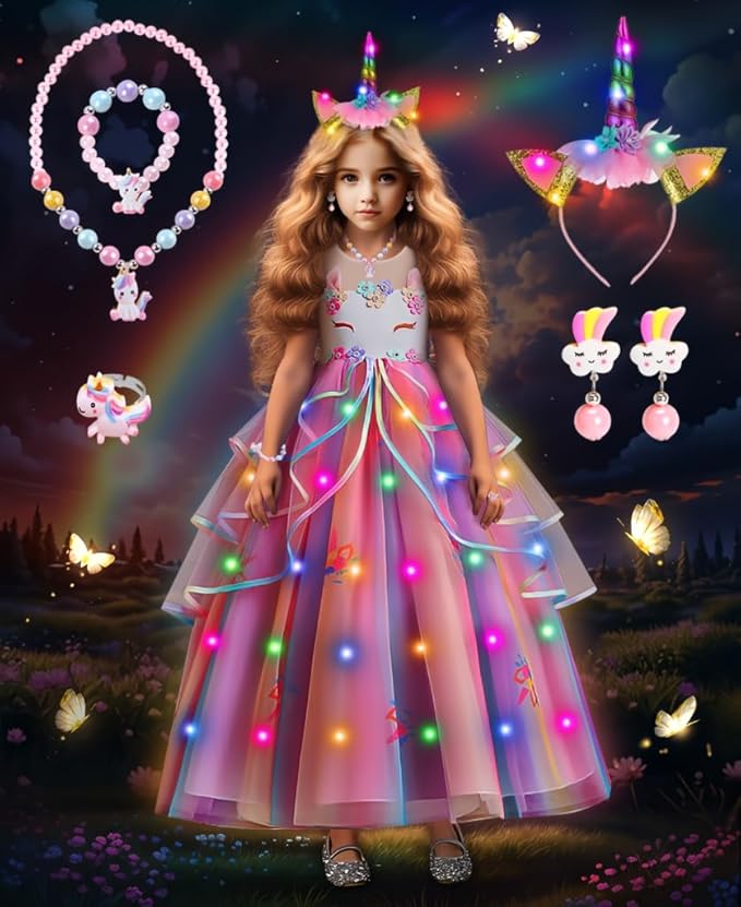 TOLOYE Princess Dresses for Girls, Light Up Mermaid Unicorn Costume Dress with Accessories for Halloween Carnival Cosplay