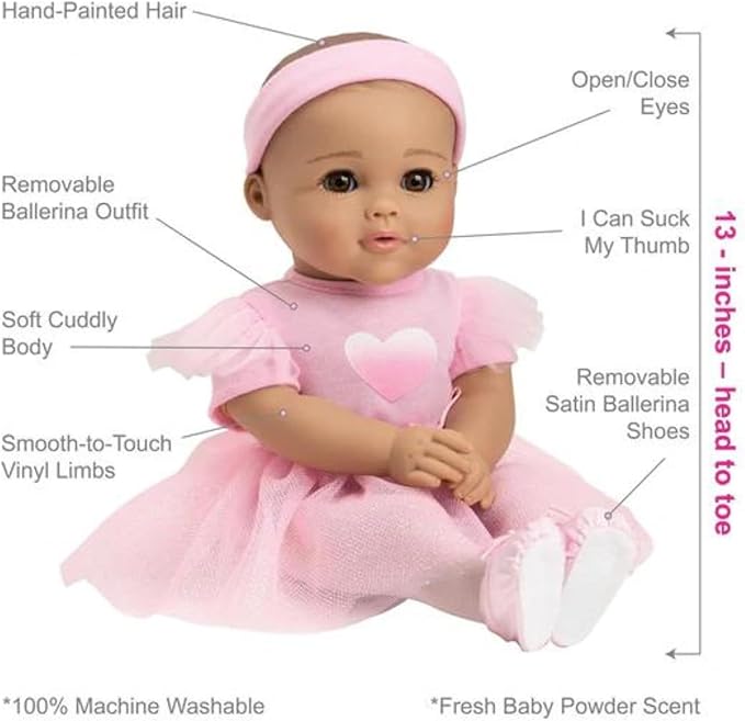 ADORA Baby Ballerina Collection, 13 Inch Baby Doll Set with Pink Dress, Headband, Shoes, Soft Vinyl, Powder Scent - Gift for Kids Ages 3 and Up - Clara