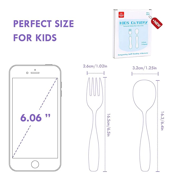 Lehoo Castle Toddler Fork and Spoon, 6pcs Toddler Utensils Kids Silverware, Safe Stainless Steel Toddler Fork Spoon Set, Children Flatware Set, Incudes 3 Spoons and 3 Forks (Light Purple + Blue)