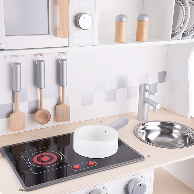 New Classic Toys Wooden Pretend Toy Kitchen for Kids with Role Play Bon Appetit Electric Cooking Included Accesoires Makes Sound, Modern White