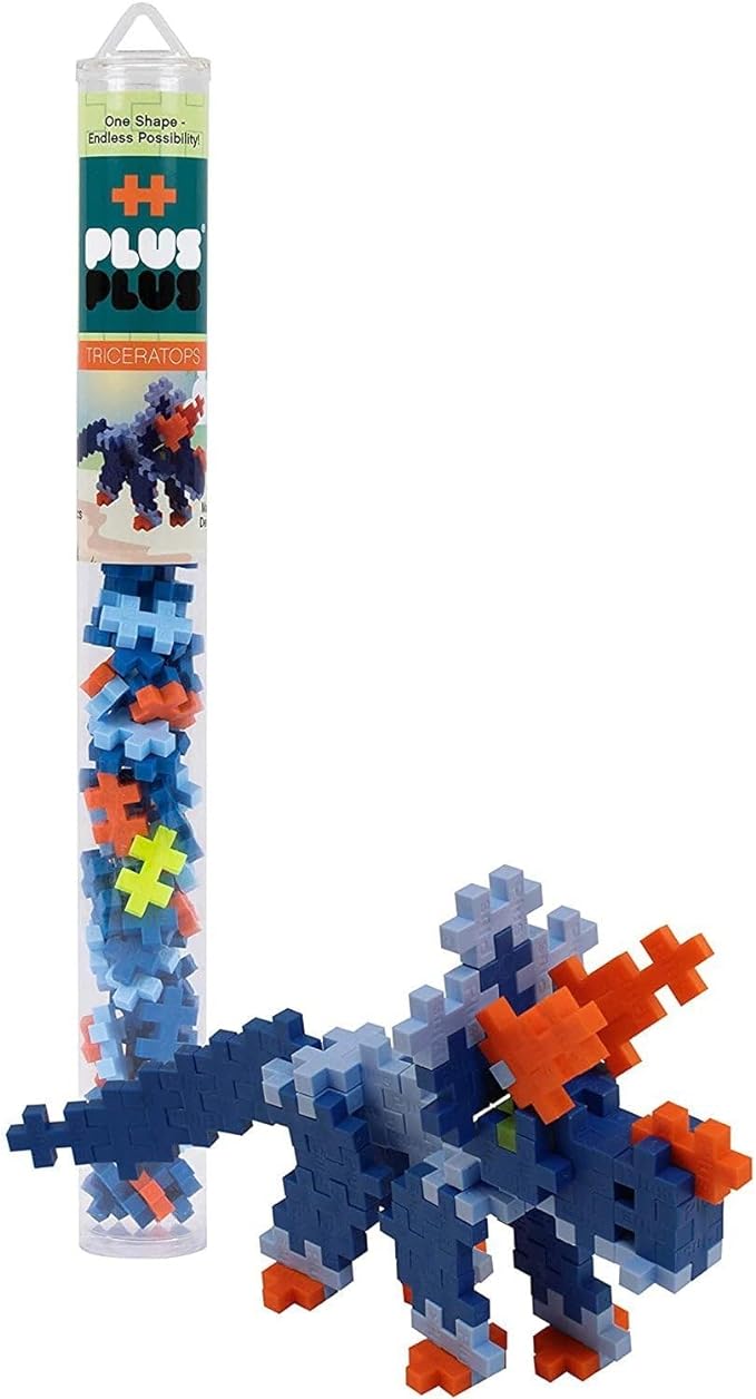 Plus Plus 3D Dinosaur Figure Building Block Set, 70 Mini Interlocking Puzzle Pieces, Fun Stem Toys for Kids - Triceratops Maker Tube