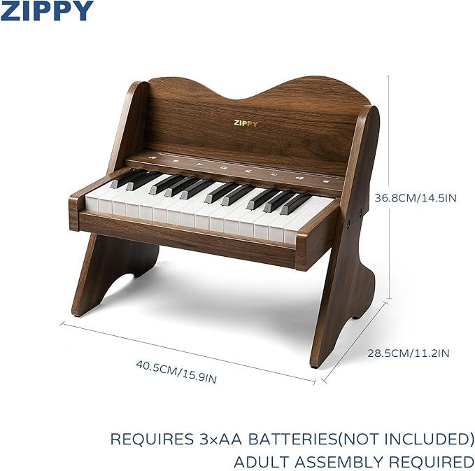 ZIPPY Kids Piano Keyboard, 25 Keys Digital Piano for Kids, Touch Sensitive Control Panel, Volume Adjustable, Mini Music Educational Instrument Toy, Wood Piano for Toddlers Girls Boys (Walnut)