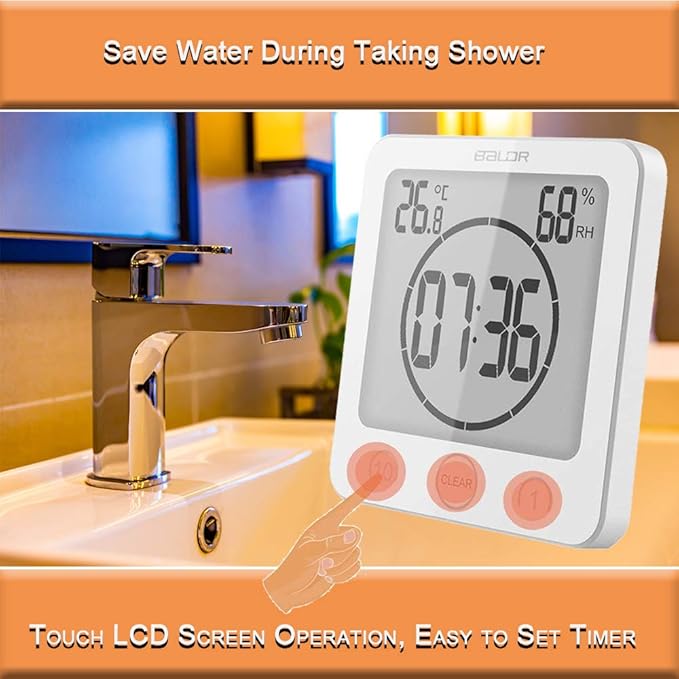 Timer Waterproof for Shower, Water Resistant Bathroom Wall Clock with Suction, Large Countdown Visual Timer for Kids, Digital Outdoor Hanging Clock with Temperature and Humidity Display (White)