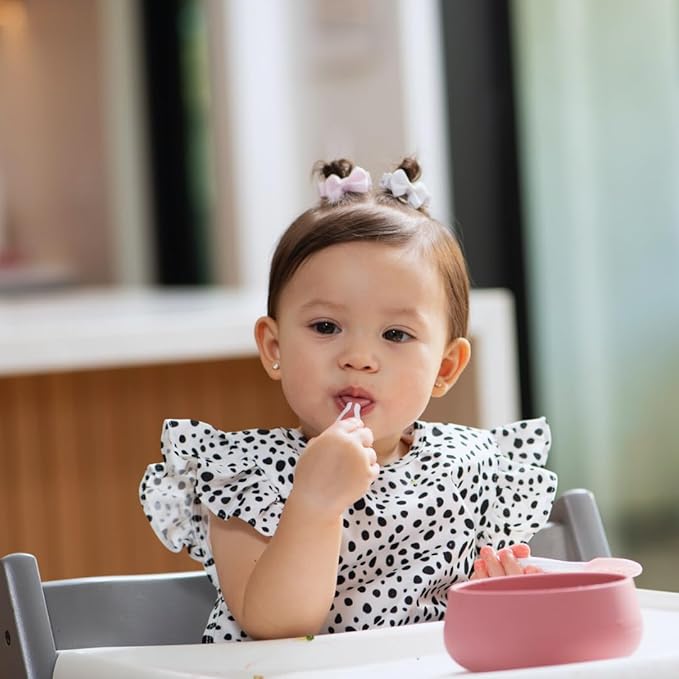 NumNum Suction Bowl + Pre-Spoon GOOtensils Self Feeding Set for Babies & Toddlers | Baby Spoon Set (Stage 1+ 2) | 100% Food Grade Silicone BPA-Free | Strong Suction | 4 months+ (Mauve)