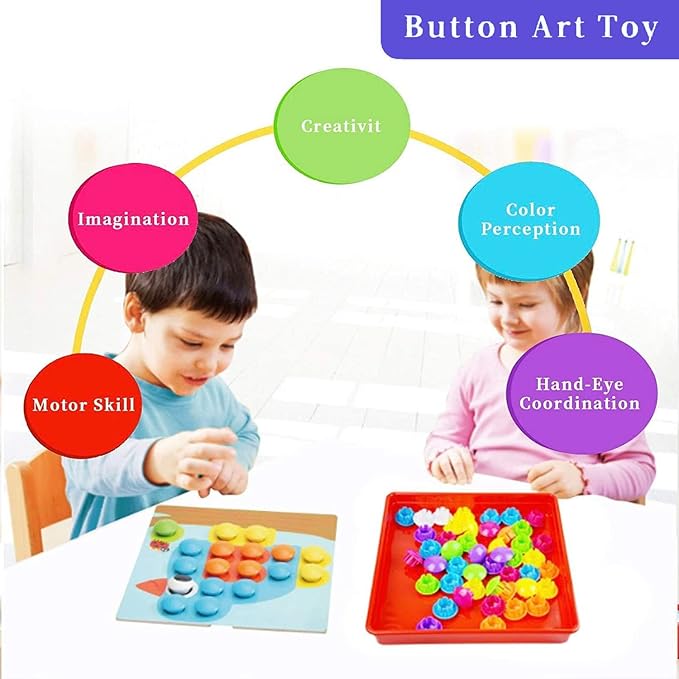 58 Pcs Button Art Toys for Toddlers,Color Matching Mosaic Pegboard for Toddlers,Early Learning Educational Toys Toddler Activities,Include 12 Pictures and 46 Buttons with Box