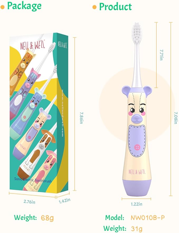 NELL&WELL Kids Electric Toothbrush, 2-Min Timer, 3 Modes with Memory, IPX 7 Waterproof, Battery Powered Kids Toothbrush with 3 Soft Bristles Heads for Children Boys and Girls Ages 3+…