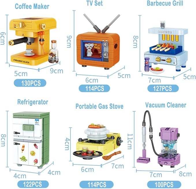 Girls Building Set, 6PCS Mini Electric Appliances Building Blocks Toy for Kids Age 6+, STEM Building Blocks Toy, Classroom Prizes, Birthday Gifts for Girls 707 Pieces