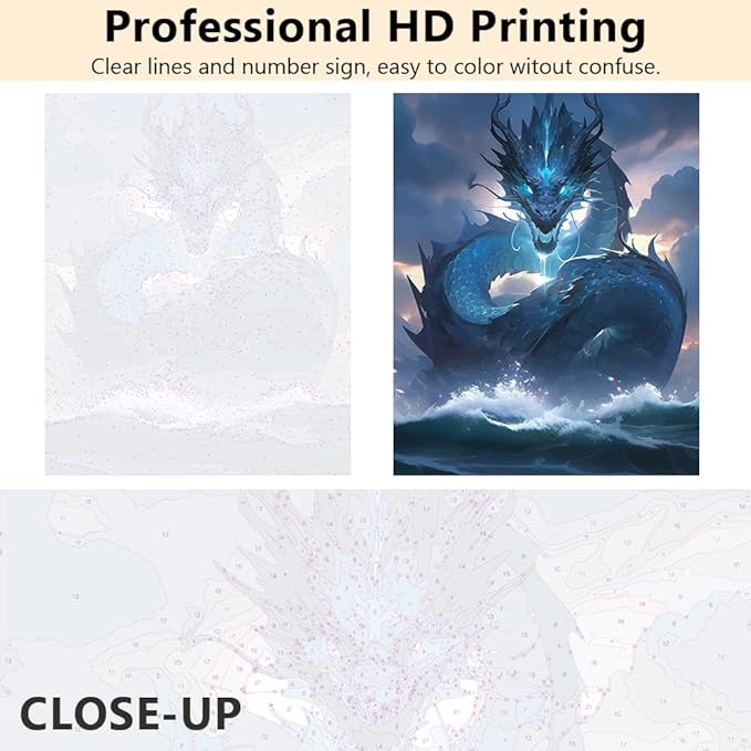 Rebotipy Water Dragon Paint by Numbers Kit for Adults, Fantasy Dragon with Glowing Eyes DIY Adult Paint by Numbers, Blue Fantasy Dragon Paint by Numbers Kit for Adults Beginner 16x20 Inch Frameless