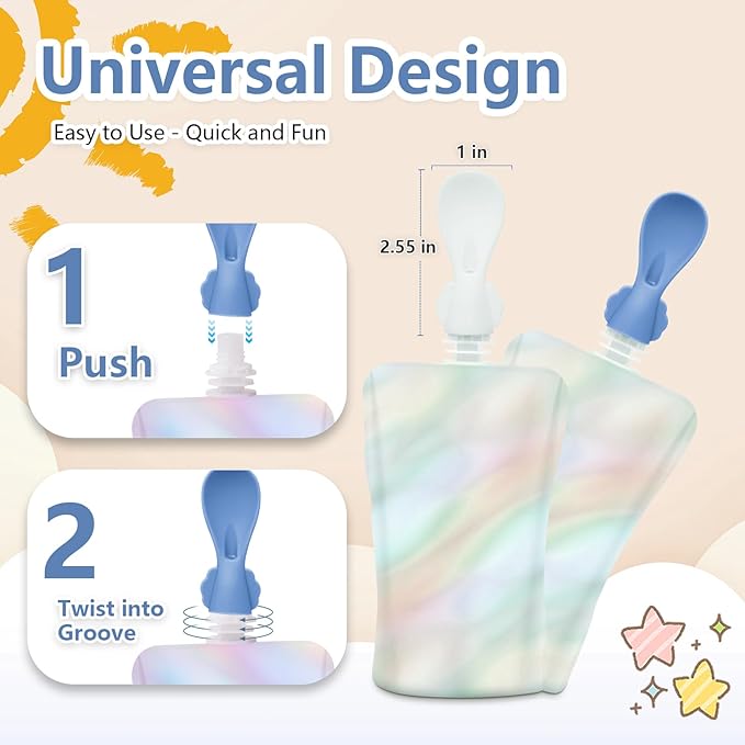 Silicone Spoon Attachment for Baby Food Pouch with On-the-Go Cases - Includes 2 Squeeze Pouch Topper Attachments (White-Blue)