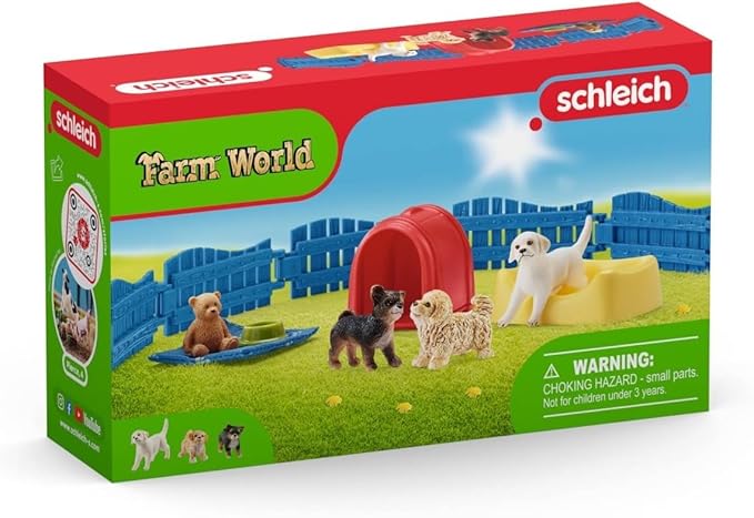 Schleich Farm World 13-Piece Puppy Pen Playset - Featuring 3 Cute Puppy Figurines and Accessories, Educational and Durable Toys, Fun and Imaginative Play for Boys and Girls, Gift for Kids Ages 3+