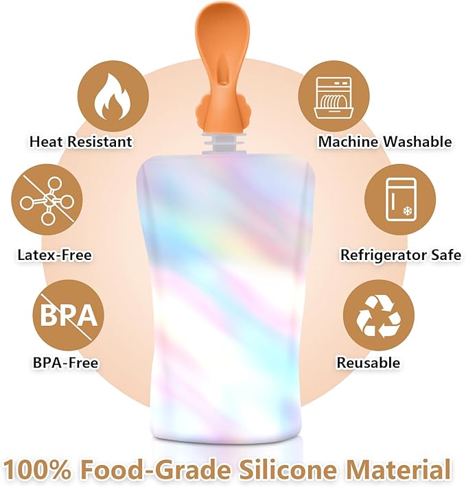 Silicone Spoon Attachment for Baby Food Pouch with On-the-Go Cases - Includes 2 Squeeze Pouch Topper Attachments (White-orange)