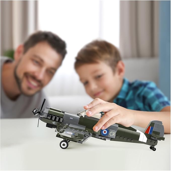 TOY PLAYER Spitfire Fighter Military WW2 Plane Building Set - with Sliding Features, Compatible with Lego Plane, Rotating Propellers, and an Open Cockpit Door