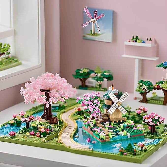 Architecture River Windmill Tree Cute Micro Mini Building Blocks Sets Trees Flowers for Girls, Idea Cherry Blossom Present Toy Model Kit 600+ pcs