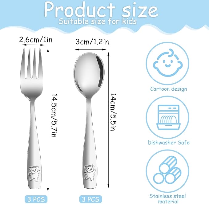 Pimoys 6 Pieces Toddler Utensils Kids Silverware Stainless Steel Toddler Forks and Spoons Set, Metal Children's Safe Flatware Kids Cutlery Set, 3 x Child Forks, 3 x Children Spoons