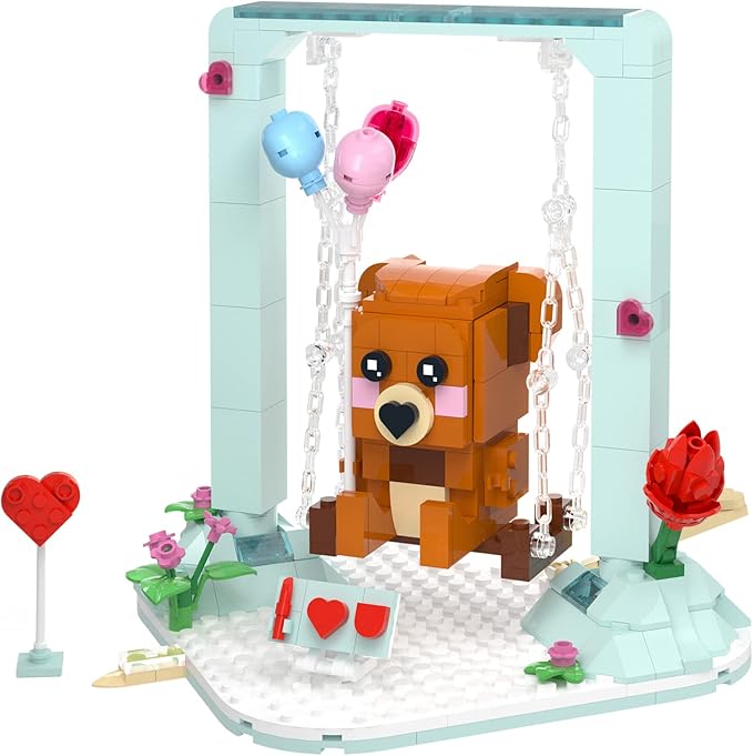 Nubee Valentine’s Brown Bear Building Toys Compatible for Lego, Cute Swing Bears Building Sets with Heart, Flowers, I Love You, Cupid's Arrow, Birthday Valentine Gifts for Boys Girls Aged 8+