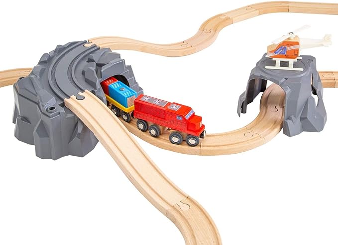 ORBRIUM Lift and Load Wooden Train Set with Magnetic Crane, Magnetic Helicopter, Large Diesel Engine, Semi-Truck, Shipping Container Flat Car Compatible with Thomas, Brio, Chuggington, Melissa & Doug