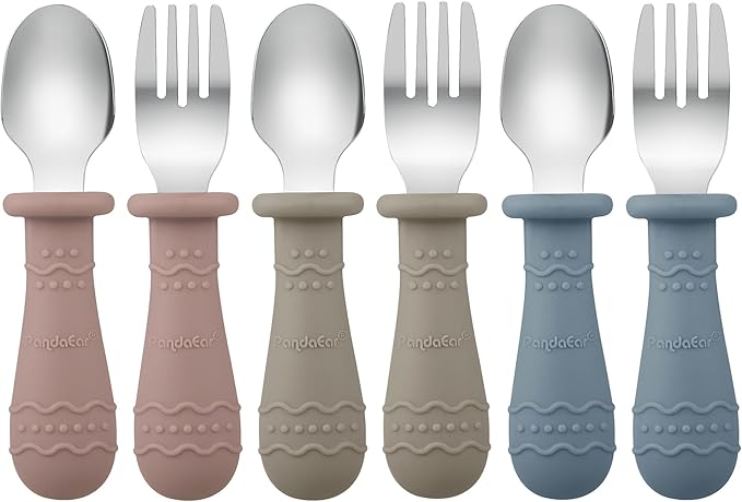 PandaEar Toddler Utensils, 6 Pack Kids Spoons and Forks, 18/8 Stainless Steel & Food Grade Silicone Children Silverware Set, Dishwasher Safe (Blue/Brown/Red)