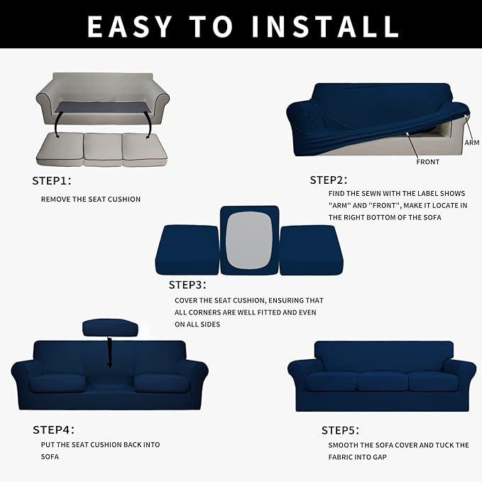 Easy-Going 100% Dual Waterproof Stretch Soft Couch Cover for Dogs, Sofa Slipcover for 3 Separate Cushion Couch Leakproof Furniture Protector for Kids, Pets Navy