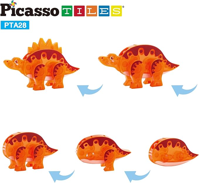 PicassoTiles Magnet Tile Dinosaur Action Figure Playset Mix or Match Compatible Prehistoric Parts STEM Magnetic Tiles for Creative Building Imaginative Educational Pretend Play Toddlers Ages 3+ PTA28