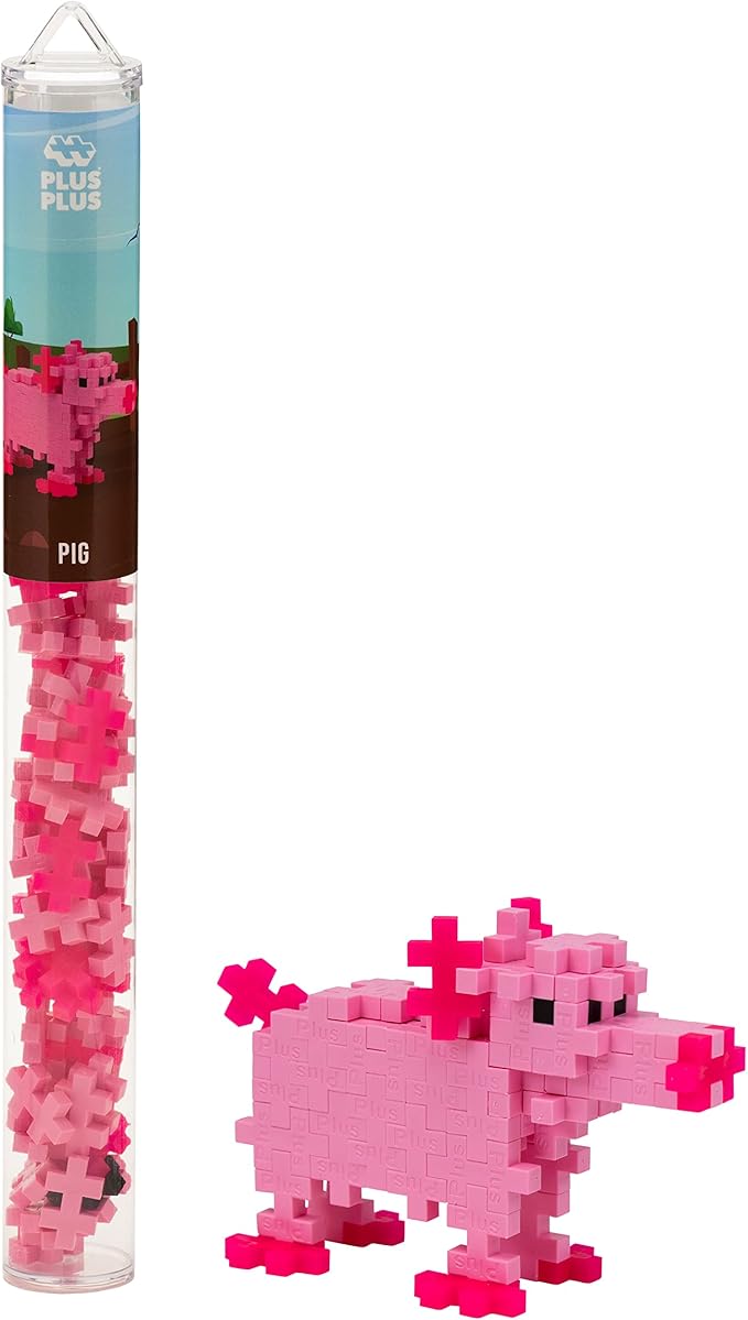 Plus Plus 3D Animal Figurine Building Block Set, 70 Mini Interlocking Puzzle Pieces, Fun Stem Toys for Kids - Pig Mini Maker Tube