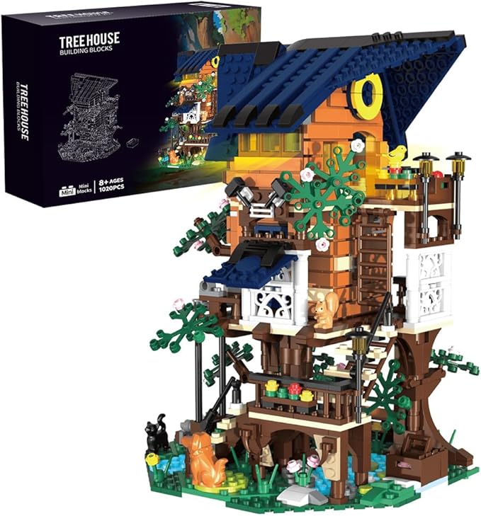 Tree Building House Set with LED,Street View Tree Building Blocks Toy, Gift for Adult,Boys Girls Age 14+，Mini Brick 1020pcs (Not Compatible with Lego)
