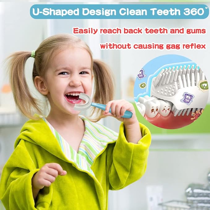 YOTEE U-Shaped Toothbrush Kids 2 PCS - Toddler Toothbrush with Food Grade Soft Silicone Brush Head, Manual Whole Mouth Toothbrush for Kids Age 6-12(Purple+Yellow), 360°Oral Teeth Cleaning