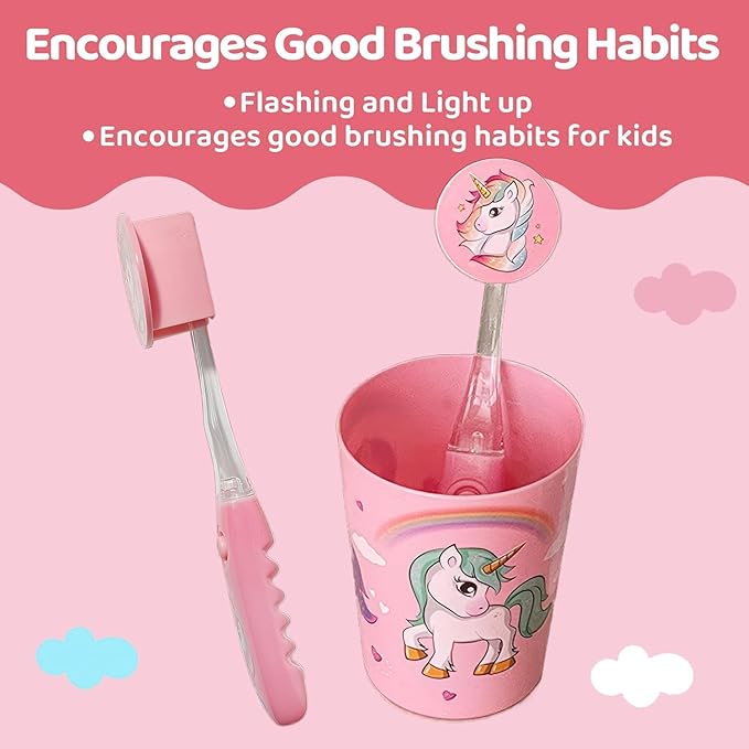 Lily's Home Kids Flashing Timer Toothbrush kids with Soft Bristles, Rising Cup & Cover - Fun 2-Min Light-Up Brushing for Children - Toddler Toothbrush Soft Toothbrush Kit (unicorn)- set of 2