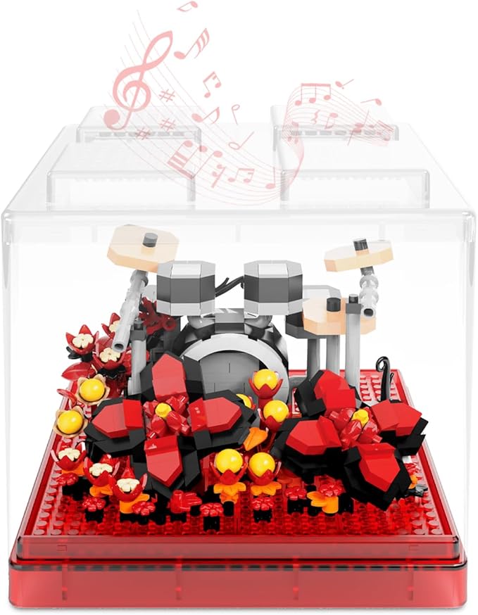 Drums Mini Building Block Sets with Colorful Flower Decor, Micro Building Sets with Dust Cover,Gift for Girl,Lover,Mother, Home Office Decor Kit Suit for Kids and Adult Aged 8+(Drums)