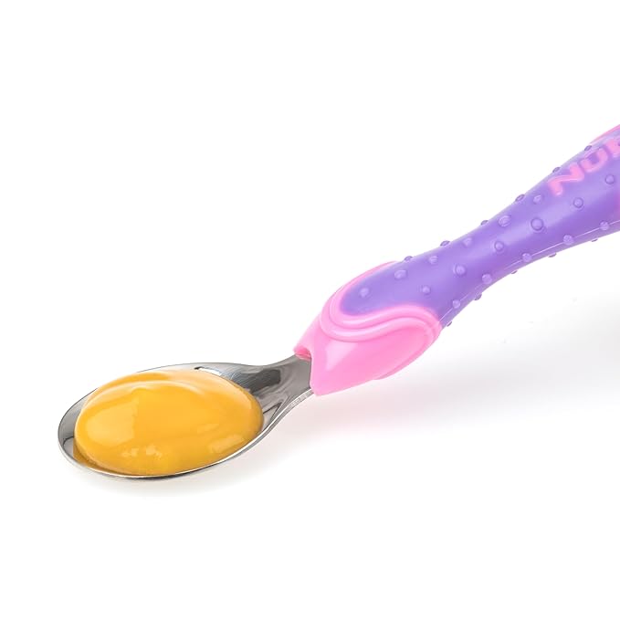 Nuby Stainless Steel Utensil, Pink/Purple, 2 Piece