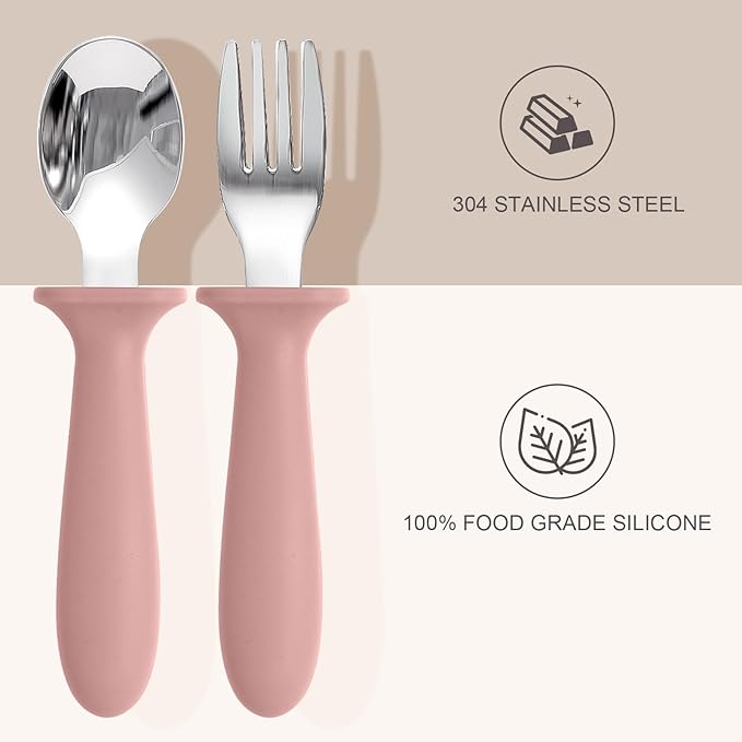 Toddler Spoons and Forks Set, 6 Pack Kids Silverware with Silicone Handle, BPA Free, 18/8 Stainless Steel Children Safe Toddler Utensils, Dishwasher Safe