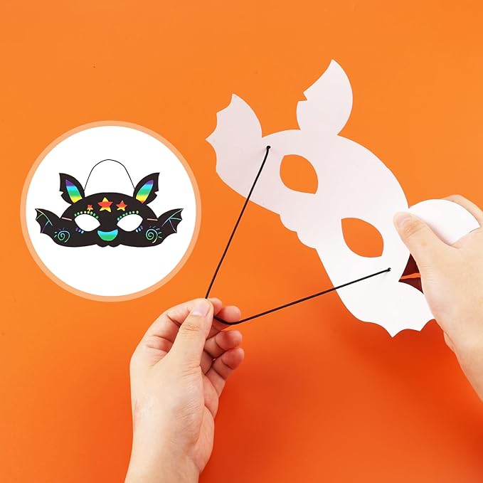 48pcs Halloween Mask Craft Kit for Kids, Funny Halloween Scratch Paper Mask with Elastic Cord Wooden Stick Scratch Masks for Halloween Party Favor