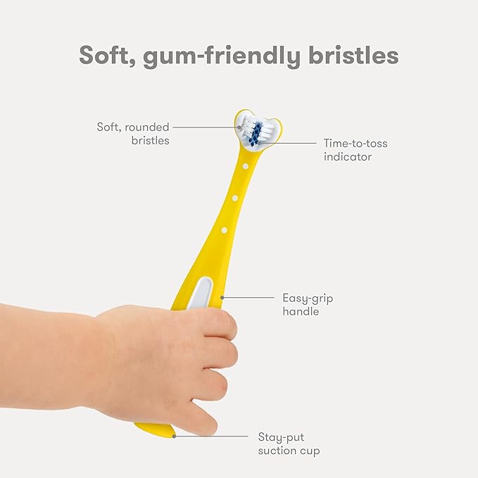 Frida Baby Triple-Angle Toothhugger Training Toddler Toothbrush | Toddler Toothbrush 2 Years and Up, Cleans All Sides at Once | Yellow