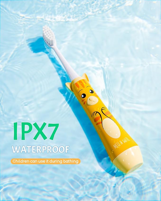 NELL&WELL Kids Electric Toothbrush, 2-Min Timer, 3 Modes with Memory, IPX 7 Waterproof, Battery Powered Kids Toothbrush with 3 Soft Bristles Heads for Children Boys and Girls Ages 3+