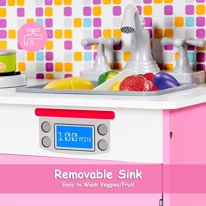 Costzon Kids Kitchen Playset, Wooden Pretend Chef Cooking Toy Kitchen with Realistic Sound, Microwave, Sink, Cookware Accessories, Pink Play Kitchen for Toddlers, Girls, Gift for Ages 3+