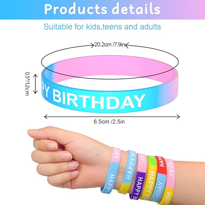 CHRORINE Happy Birthday Rubber Bracelets 12 Styles Silicone Wristbands for Classroom Birthday Party Favors 24 Pieces