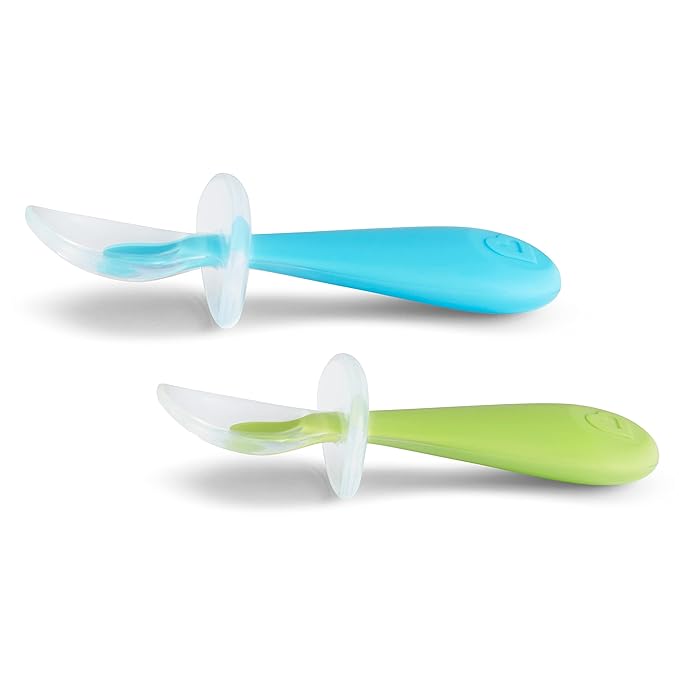 Munchkin® Silicone Scoop™ Trainer Spoons with Choke Guard for Baby Led Weaning, 4 Count, Blue/Green