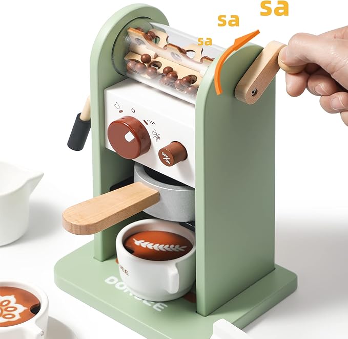 Dorjee Kids Coffee Maker Playset with Grinder, Play to Learn Coffee Making Routine, Stimulates Imaginative Pretend Play and Life Skills, Gifts for Toddler Girls and Boys, 14pcs in Wood