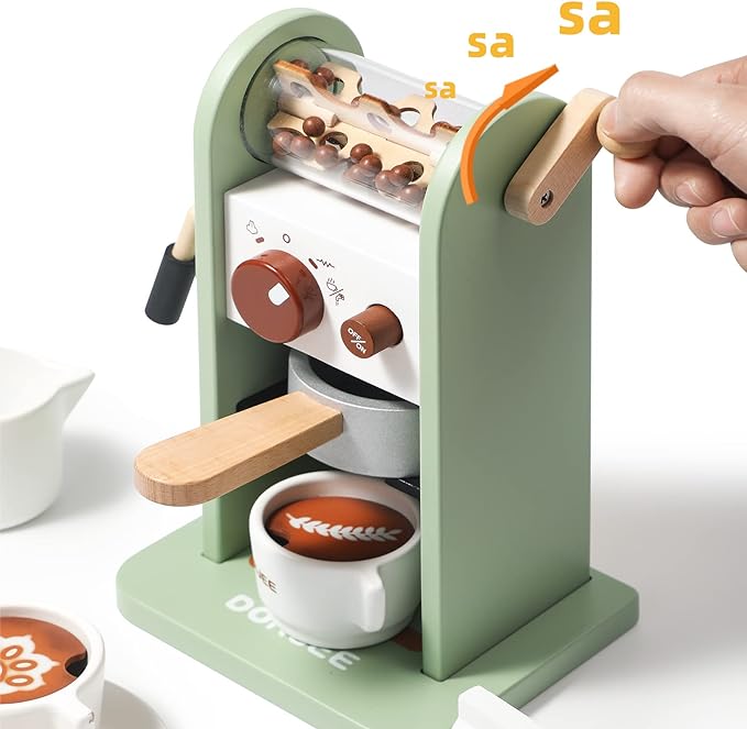 Dorjee Kids Coffee Maker Playset with Grinder, Play to Learn Coffee Making Routine, Stimulates Imaginative Pretend Play and Life Skills, Gifts for Toddler Girls and Boys, 14pcs in Wood