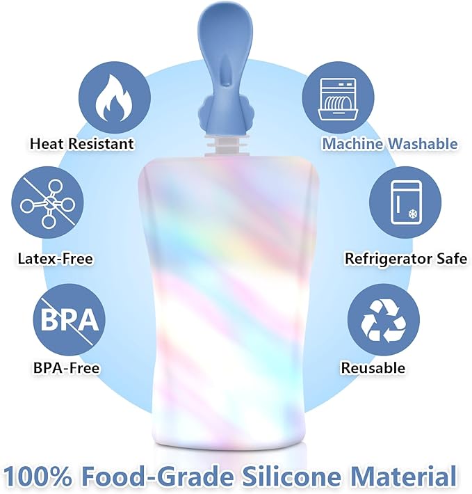 Silicone Spoon Attachment for Baby Food Pouch with On-the-Go Cases - Includes 2 Squeeze Pouch Topper Attachments (White-Blue)