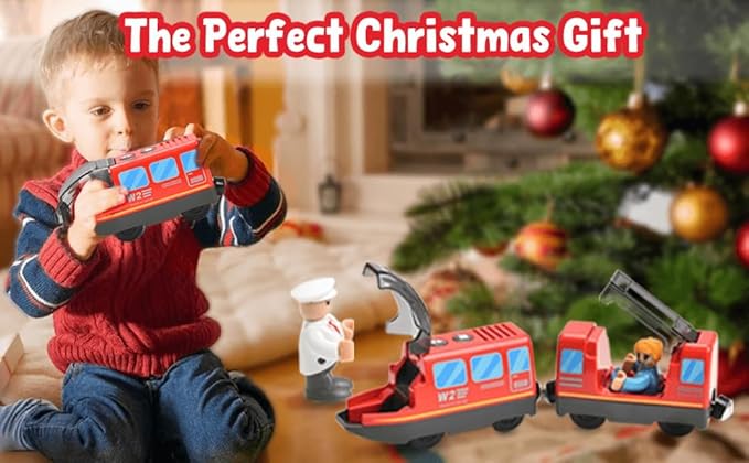 Giant bean Battery Operated Electric Locomotive Magnetic Train Set for Wooden Train Tracks, Powerful Engine Compatible with Most Brands, Wood Train Track Toys for Kids 3+