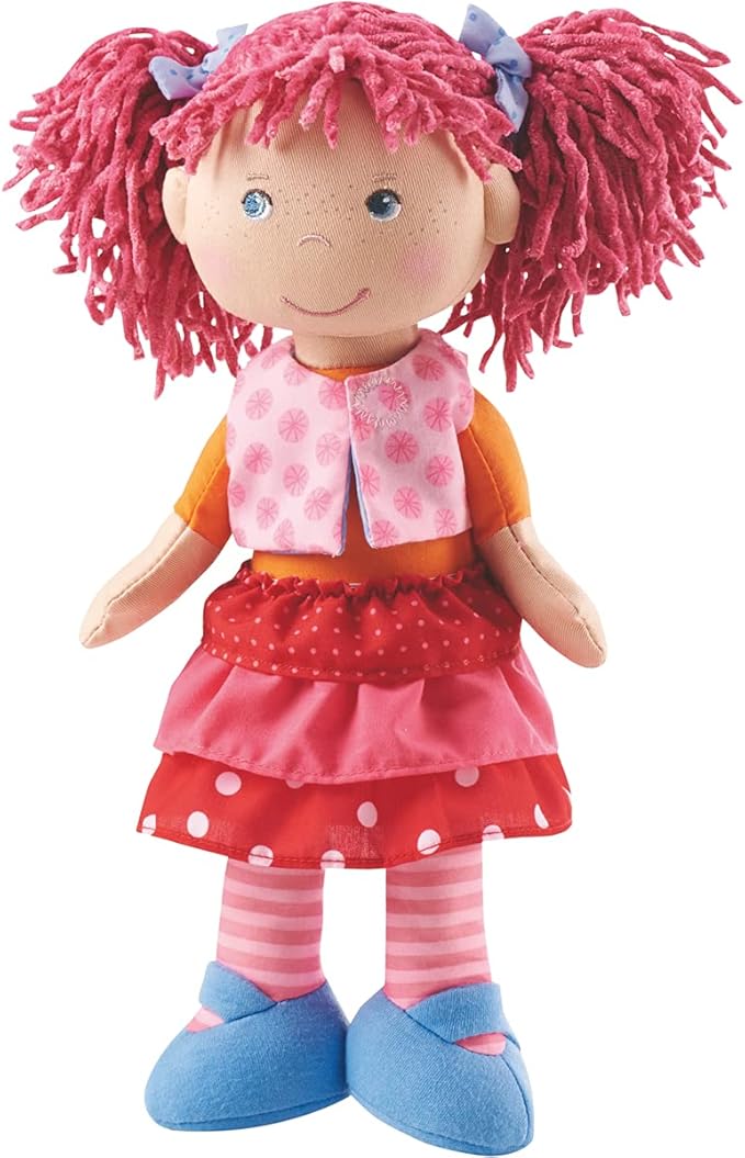 HABA Lilli-Lou 12" Soft Doll with Pink Hair in Pigtails, Blue Eyes & Embroidered Face, Machine Washable Baby Doll for Ages 18 Months+