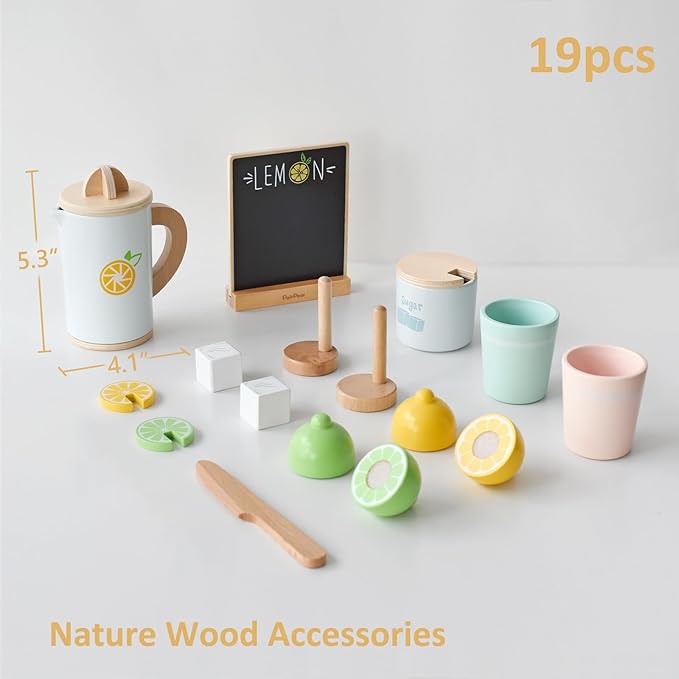 PairPear Wooden Toys Lemonade Playset,Kids Play Food Pretend Play Lemonade Stand Kit,Play Kitchen Grocery Maket Acessories Gift for Toddler Girls and Boys 3 Years+