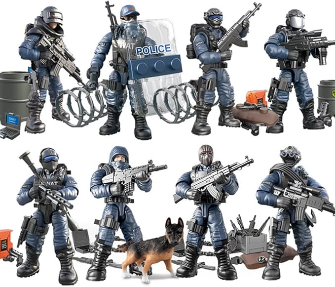 8 PCS Building Block City Policeman Mini-Figures with Multiple Military Weapons Accessories SWAT Equipment Military Vehicle Army Car Assembly Building Toys Gift for Boys